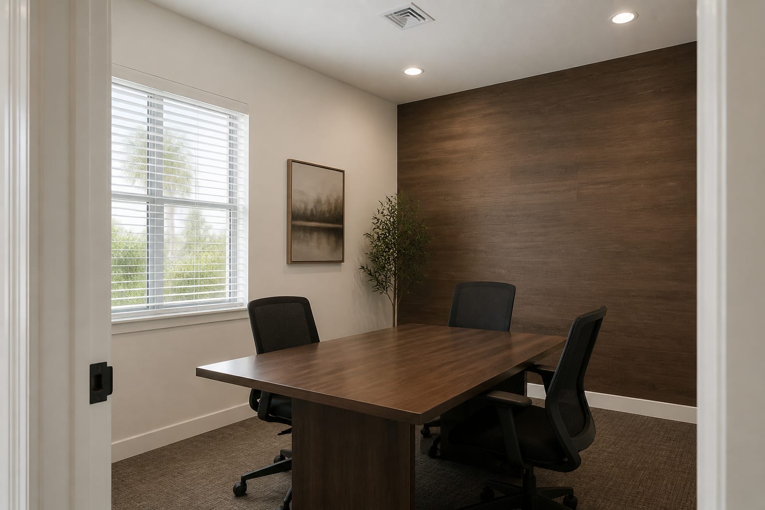 Illustrative small conference room with freshly painted neutral walls and a walnut accent wall; not a completed Brown’s Touch project.